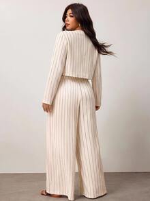 Enliva Plus-Size Women's Casual Striped Shirt And Trousers Set Apple,Rounded Body - Apricot - View 2