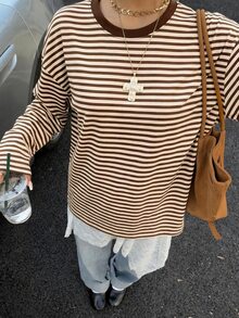 Muchica 休閒極簡復古Y2K百搭杏色與棕色條紋圓領長袖寬鬆T恤，音樂節穿搭，派對服飾，女款夏季穿搭 - 彩色 - 查看 3