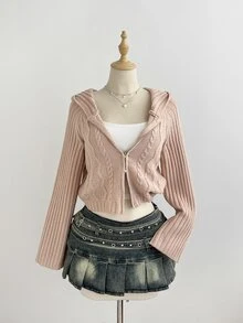 Elamini 簡約女款秋冬粉色連帽長袖麻花編織修身開襟針織衫 - 粉色 - 查看 8