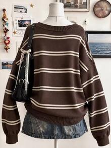Lalippa Plus Size Women's Striped Drop Shoulder Long Sleeve Casual Loose V-Neck Sweater - Dark Grey - View 2
