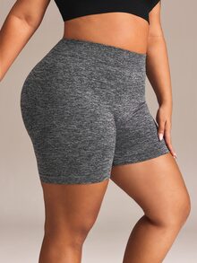 SHEIN Rhythm Era Women's Plus Size Solid Color High Waist Daily Fitness Sports Shorts - Dark Grey - View 5