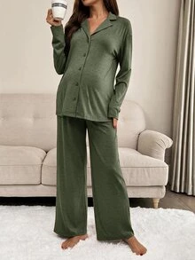 Slowluna Maternity Front Button Long Sleeve Top And Loose Pants 2 Pieces Set Fall - Army Green - View 4