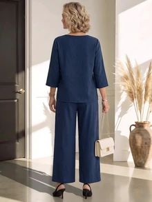 Miaspire Women's Solid Color Minimalist Loose 3/4 Sleeve Top And Long Pants Set - Navy Blue - View 2