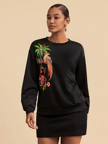 Travachic Sweatshirt Kasual Lengan Panjang Leher Bulat Motif Pohon Palem Wanita, Model Baru Musim Gugur/Dingin, Cocok untuk Sehari-hari - Hitam - View 5