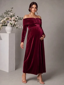 Momance Elegant Velvet Maternity Party Dress - Burgundy - View 2