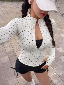 DAZY 女款波點印花長袖前拉鍊修身夾克 - 白色 - 查看 4