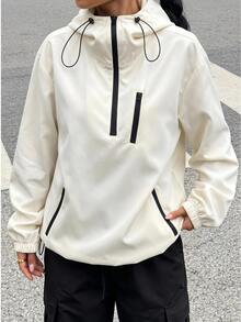 SHEIN EZwear 女款秋冬美式復古運動街頭風連帽拉鍊夾克外套 - 杏色 - 查看 7