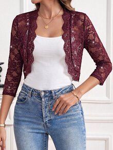SHEIN Clasi 女款蕾絲 3/4 袖開襟短版輕量夾克 - 酒紅色 - 查看 1