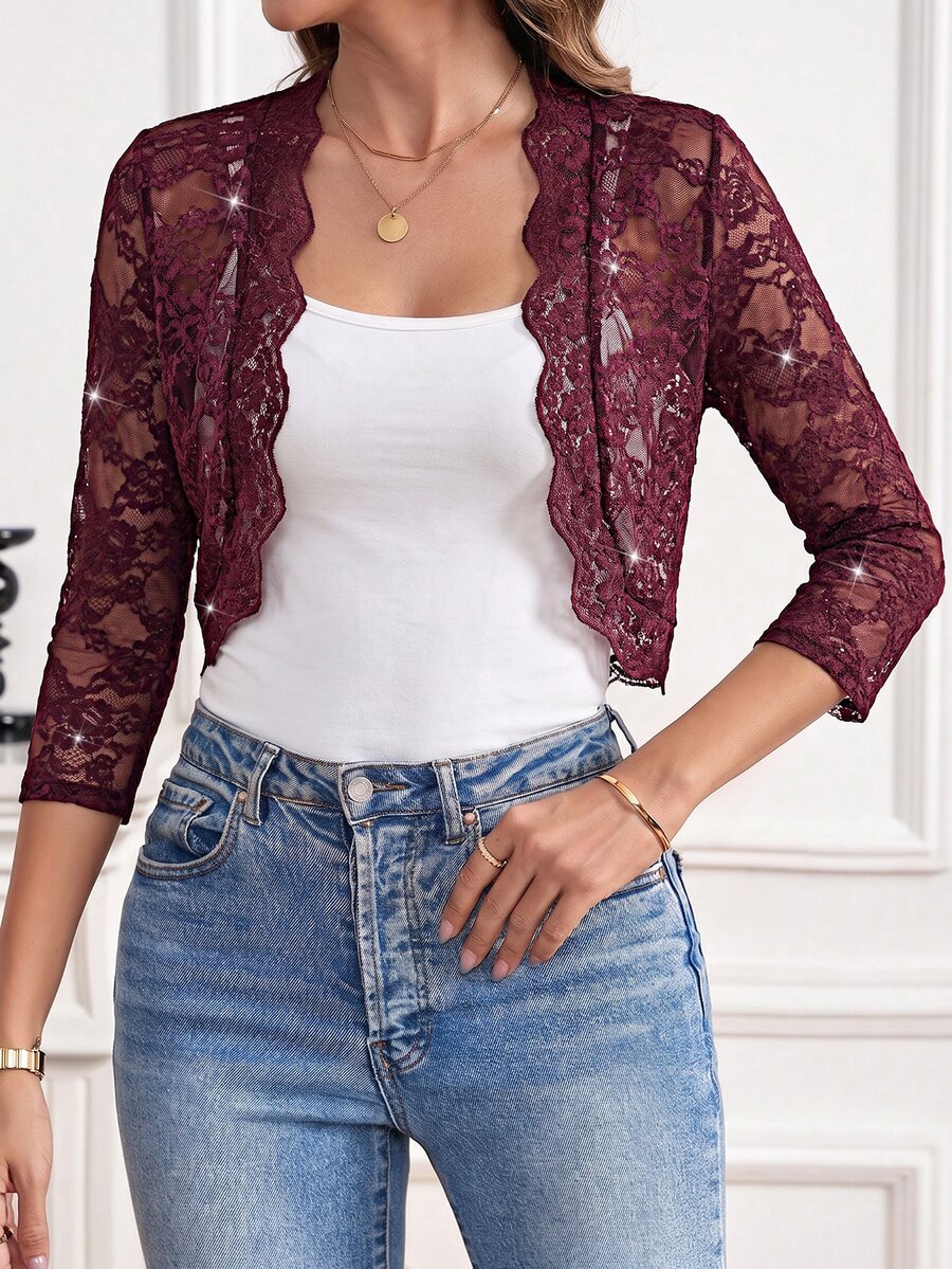 SHEIN Clasi 女款蕾絲 3/4 袖開襟短版輕量夾克 - 酒紅色 - 查看 1