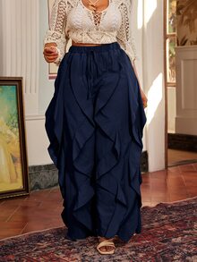 Maweii Plus Size Design Drawstring Waist American Style Versatile Ruffle Pants - Navy Blue - View 5