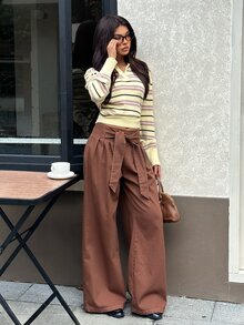 Rivivi Petite Women's Street Fashion Lace-Up Ruched Loose Denim Long Pants - Brown - View 7