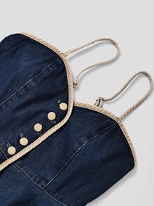 GlowEve Set Denim Kasual Wanita: Atasan Camisole Berpotongan Rapi dengan Hem Berumbai dan Celana Jeans Lebar, Kancing Tunggal - Biru - View 3