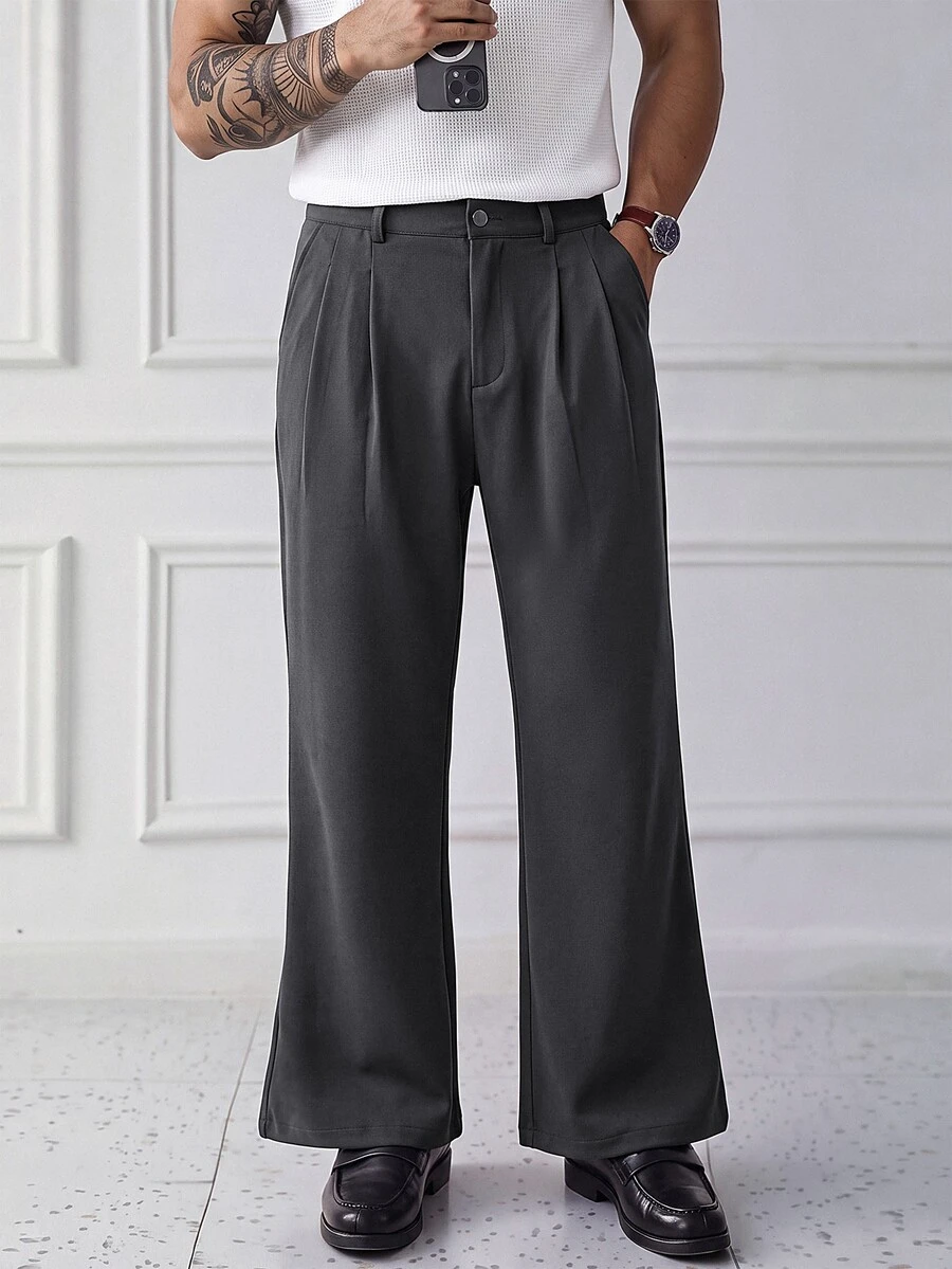HUEFORM Men's Minimalist Grey Wool Pants Loose Wide Leg Fit Suitable For Daily Casual, Weekend Outings, Music Festivals, Parties And Other Social Occasions - Dark Grey - View 1