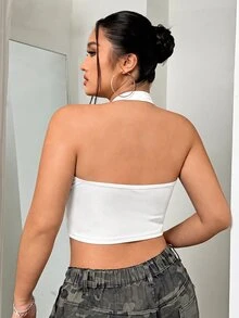 SHEIN ICON 大尺碼女款純色修身掛脖上衣，適合日常穿著 - 白色 - 查看 2