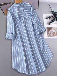 SHEIN LUNE 大尺碼女款條紋單排扣休閒口袋襯衫洋裝 - 彩色 - 查看 2