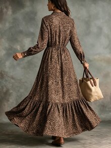 Glimmora Women's Spring Autumn French Vintage Leopard Print Casual Lazy Vacation Style Small Collar Long Sleeve Button Design Dress - Brown - View 2