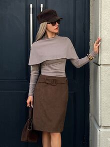 DAZY Autumn/Winter Brown Suede Belt Decor Bodycon Mid-Length Elegant Commute Office Date Women's Skirt - Brown - View 6