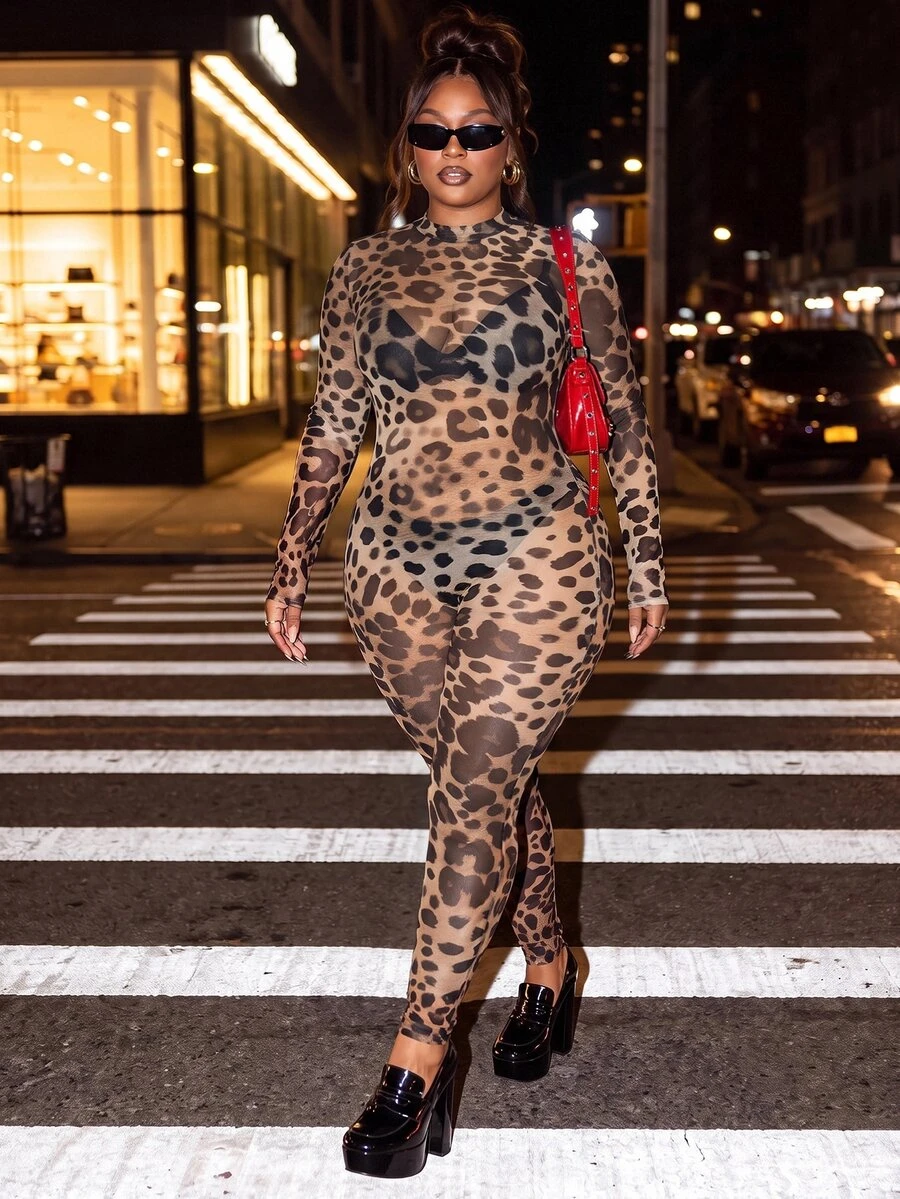 Slaydiva Sexy Street Date Party Women Slim Fit High Elastic Digital Print Long Sleeve Long Pants Abstract Pattern Leopard Mesh Plus Size Jumpsuit