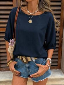 SHEIN LUNE Busana Musim Gugur untuk Wanita: Atasan Biru Musim Gugur/Musim Dingin 2026, Kemeja Biru Tua Lengan 3/4 Katun Murni untuk Wanita, Kemeja Wanita Chic untuk Acara Keluar Rumah - Navy Blue - View 3