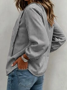 Linhara CURVE 大尺碼女款休閒日常條紋圖案圓領蝴蝶結裝飾寬鬆長袖上衣，適合通勤、日常外出、假期、派對、返校季場合，秋季女式寬鬆襯衫 - 黑與白 - 查看 2