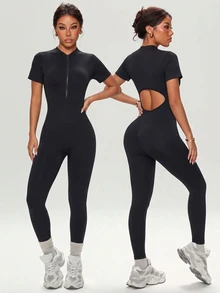 SHEIN Dewbera Women's High Neck Cutout Waist Jumpsuit - Black - View 6