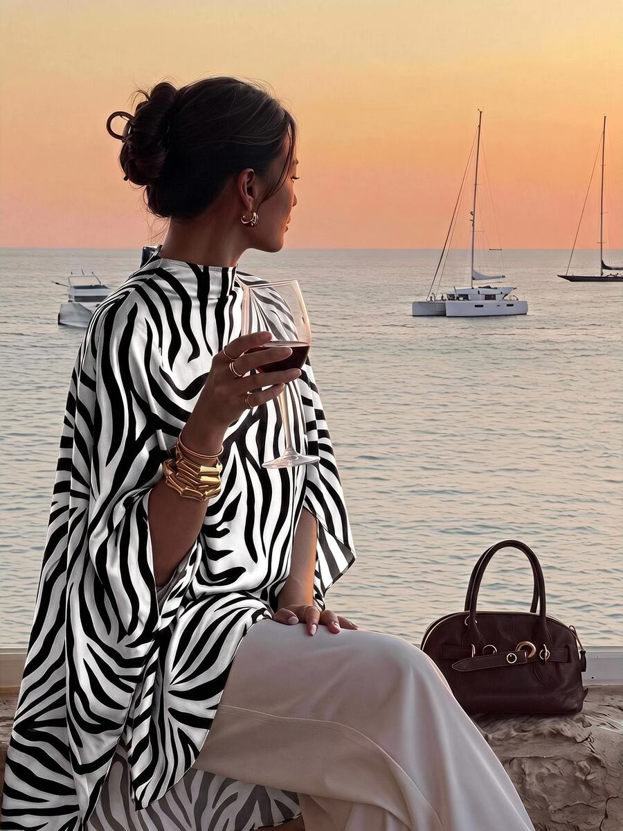 COSMINA Atasan Asimetris Motif Zebra Elegan Kasual Terbaru untuk Wanita - Hitam dan Putih - View 1