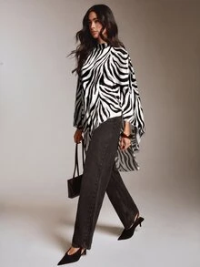 COSMINA Atasan Asimetris Motif Zebra Elegan Kasual Terbaru untuk Wanita - Hitam dan Putih - View 4