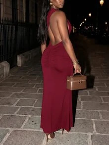 Slaydiva Women Elegant One Shoulder Backless Ruched Mermaid Maxi Dress Side Knot Draped Bodycon Evening Gown - Burgundy - View 5