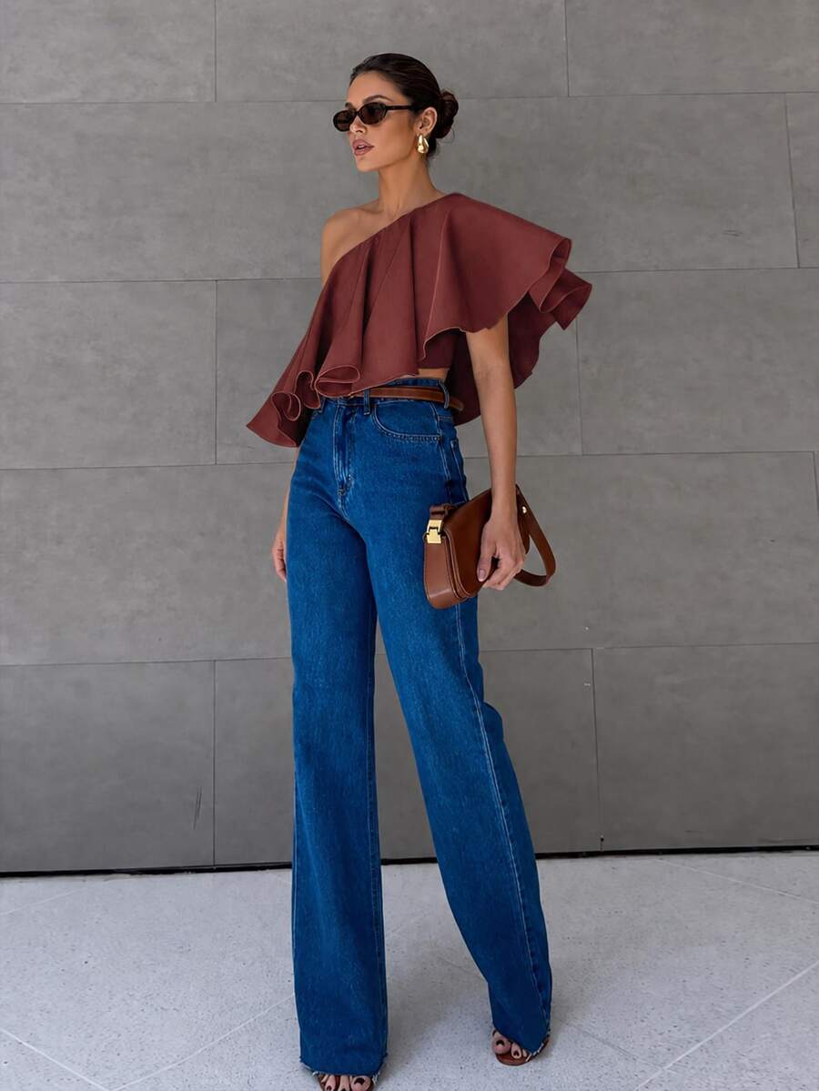 Anewsta Essential Blus Wanita Kasual Musim Panas Terbaru dengan Bahu Asimetris, Atasan Elegan Warna Polos dengan Hem Berumbai Asimetris untuk Pemakaian Sehari-hari, Liburan, dan Perjalanan - Rust Brown - View 1