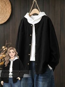 Rusticease Plus Size Women's Solid Color Long Sleeve Single-Breasted Casual Loose Jacket - Black - View 1