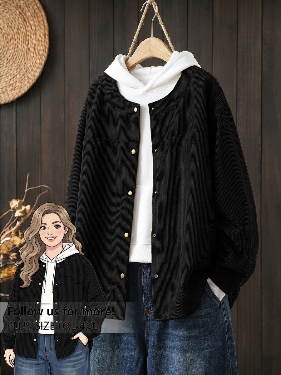 Rusticease Plus Size Women's Solid Color Long Sleeve Single-Breasted Casual Loose Jacket - Black - View 1