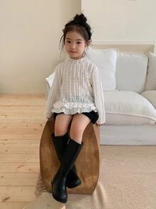 DAZY Baby Girl Solid Color Casual Cable Knit Lace Patchwork Top - White - View 1