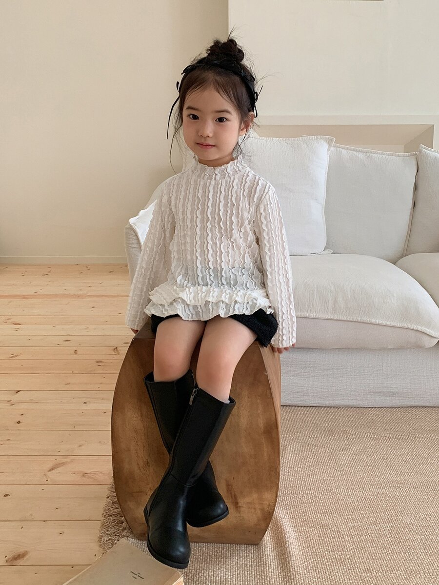 DAZY Baby Girl Solid Color Casual Cable Knit Lace Patchwork Top - White - View 1