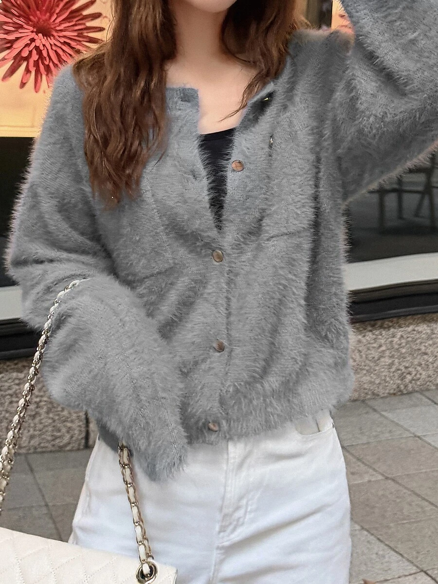 FRIFUL Middle-Aged & Elderly Women Solid Color Casual Versatile Daily Wear Knit Top Cardigan - Grey - View 1