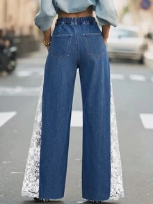 Balvessa Quần jeans ống rộng nữ size lớn cạp cao phối ren bên hông thời trang - Màu xanh lam - Xem 3