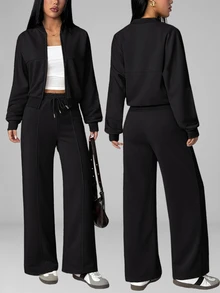 SHEIN PETITE 2pcs Women Casual Sports Jacket And High Waist Stretch Pants Set, Autumn And Winter - Black - View 2