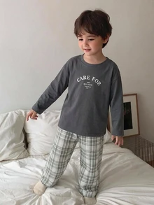Dazy Kids 兒童秋季小男孩圓領針織字母印花短袖T恤＋梭織格紋長褲居家服2件套 春夏 - 深灰色 - 查看 8