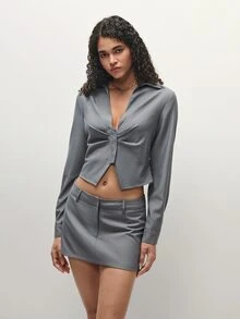 TRNVIE Women's Autumn Outfit Set With Collared Ruched Cinched Waist Long Sleeve Top And Skirt - Grey - View 3