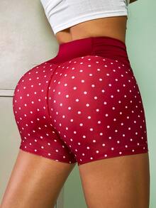 Easithlete Women's Minimalist High Waist Polka Dot Print Sports Shorts - Burgundy - View 2