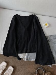 SHEIN LUNE 女款黑白配色上衣套裝 2件組 素色綁帶長袖上衣 80年代風 約會穿搭 秋冬 2026 - 彩色 - 查看 2