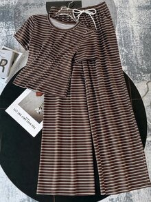 Muvela 女款休閒圓領短袖T恤與長褲套裝，條紋套裝，秋季服飾，適合日常通勤、聚會、夏季、聖誕節、新年、感恩節、派對、婚禮、海灘、出遊、約會、情人節、優雅、度假、Y2K - 彩色 - 查看 7