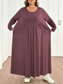 SHEIN CURVE+ Plus Size Women's Autumn/Winter Casual Loose Long Sleeve Comfortable Dress With Pockets Fall - Dusty Pink - View 9