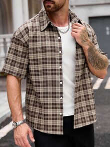 Manfinity Homme Men's Plus Size Plaid Short Sleeve Shirt, Casual Fashion Creative Personalized Streetwear - Brown - View 5
