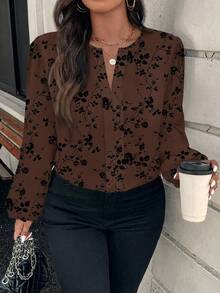 Reflora Plus Size Women's Floral Print Casual Daily Wear Shirt - Brown - View 1