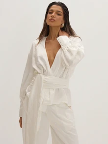 MUSEYN White Wrap Tie Drape Plunge Long Sleeve Blouse Classy Date Night Chic Evening Fall - Cream - View 2