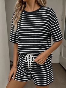 SHEIN LUNE 女款針織條紋紋理面料百搭夏季度假兩件套 - 彩色 - 查看 4