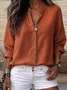 EMERY ROSE Women's Woven Casual Long-Sleeved Fall Blouse - Orange - View 1