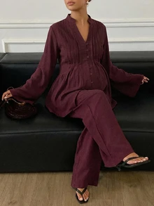 DAZY Solid Color Loose Pullover Long Sleeve Shirt & Straight Leg Pants Casual Vacation Daily Spring Autumn Maternity 2pcs Set - Burgundy - View 4