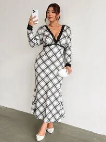 Firerie Plus Size Women's Contrast Lace Deep V-Neck Long Sleeve Plaid Fish Tail Hem Elegant Dress Fall - Multicolor - View 1