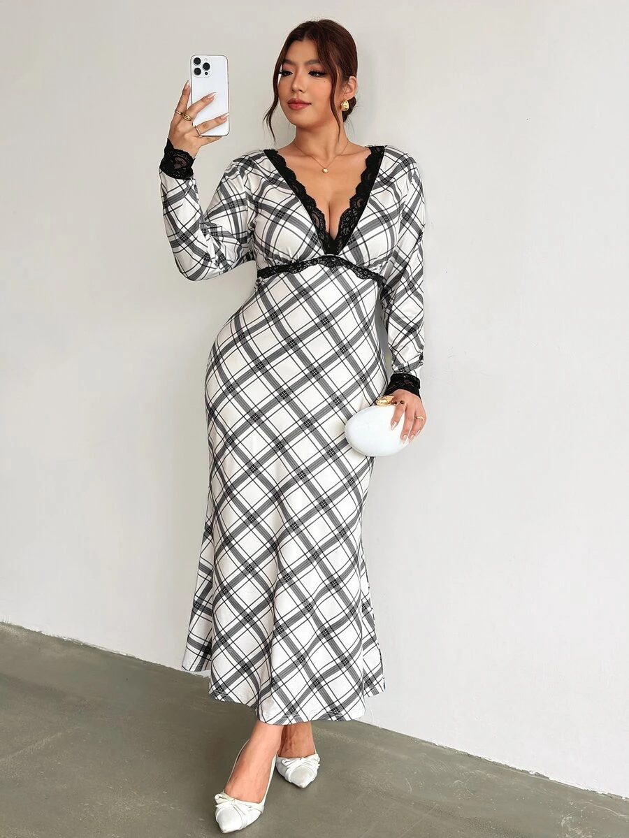 Firerie Plus Size Women's Contrast Lace Deep V-Neck Long Sleeve Plaid Fish Tail Hem Elegant Dress Fall - Multicolor - View 1